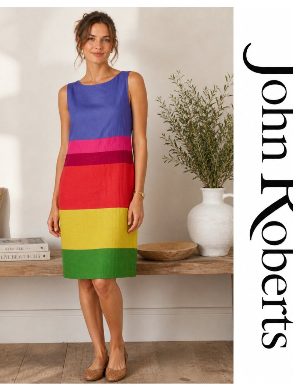 John Roberts Linen Blend Sheath Dress Multicolor Color Sleeveless Size 14